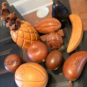 Vintage Mid Century modern Wooden with leather trim Fruit Decor Set